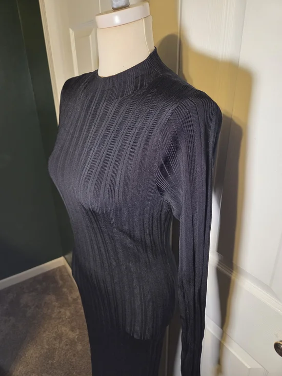 Abercrombie & Fitch Ribbed Knit Dress Women Large Black Bodycon Midi Long Sleeve - Picture 3 of 9